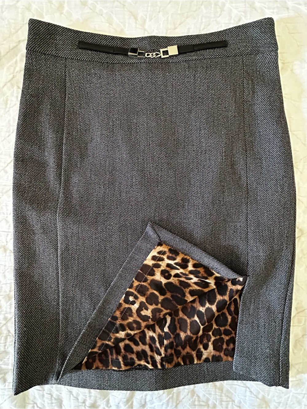 Faux Belted Gray Sexy Executive Pencil Skirt with Leopard Lining